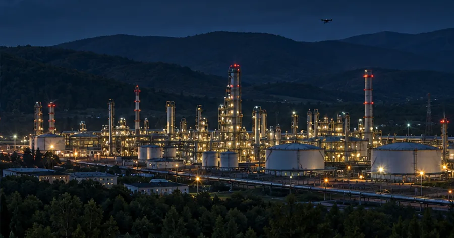 Painted illustrative landscape for The Ilsky Refinery Strike.