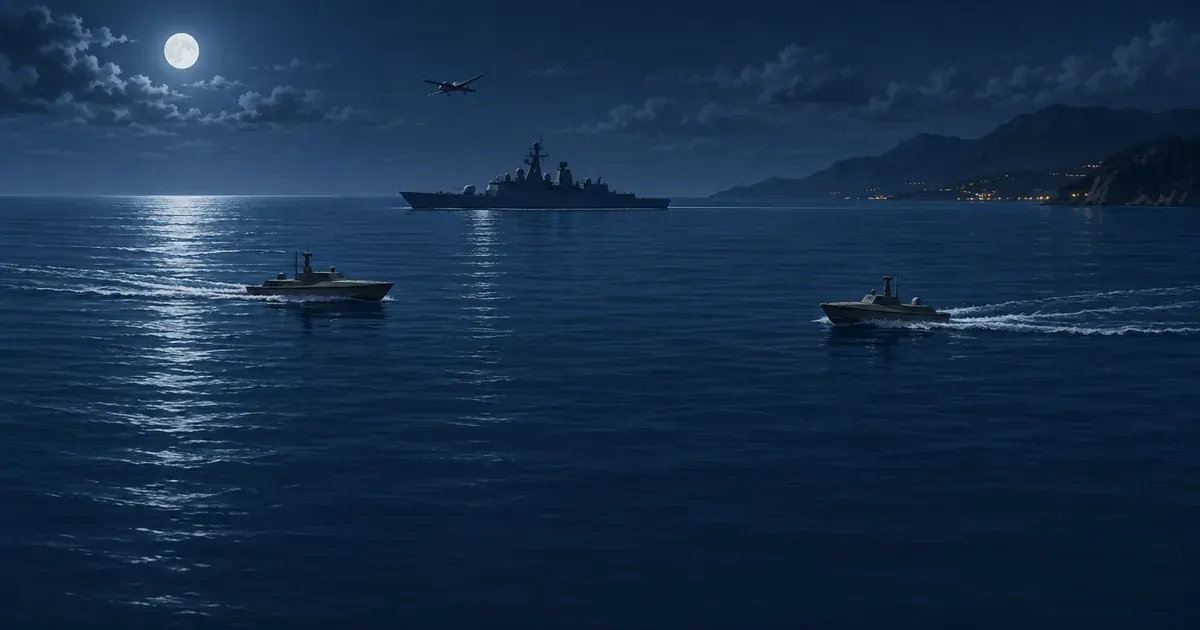 Painted night seascape: a warship on moonlit water with two small fast boats approaching and a drone in the sky.