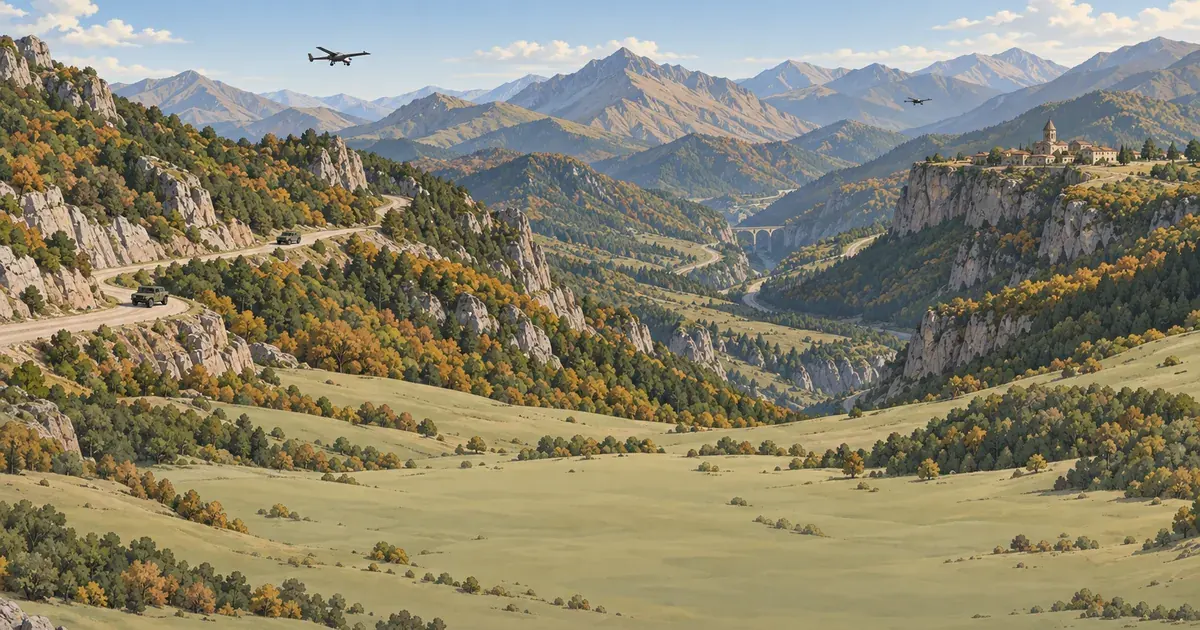 Painted panorama of a mountain pass with vehicles on a winding road, a valley with a village, and two drones in the sky.