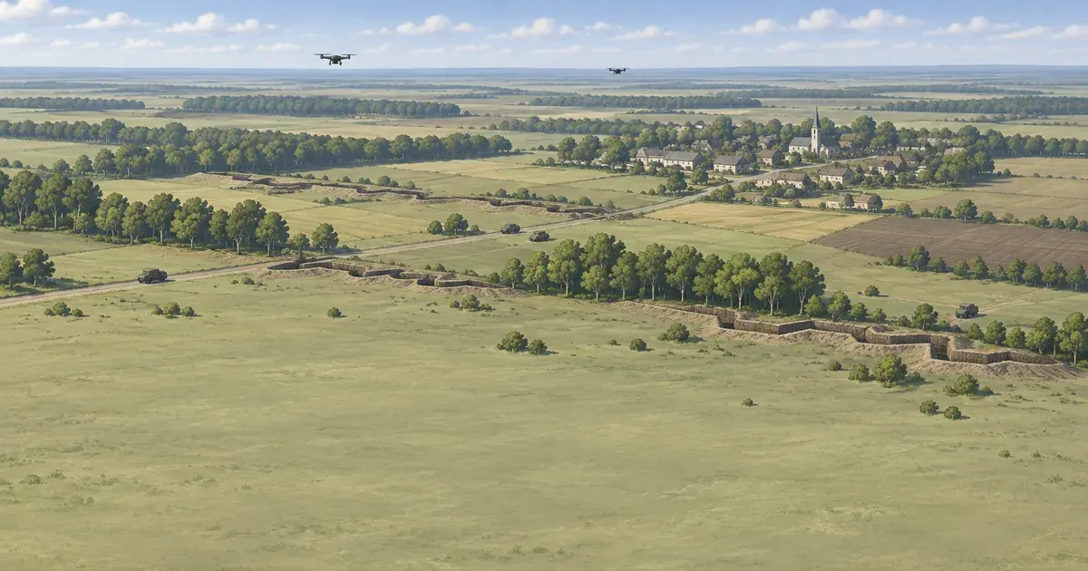 Painted view of wide steppe with tree lines, trenches, a village with a church and two drones in the sky.