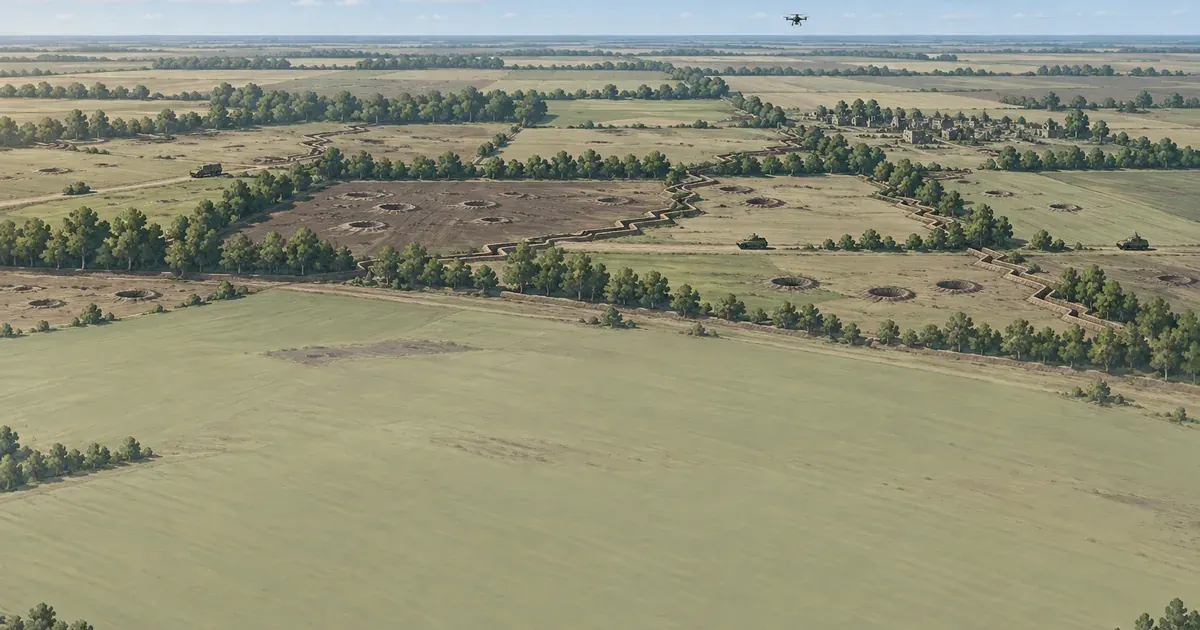 Painted view of flat farmland cut by tree lines, trenches and shell craters, with a small drone high above.