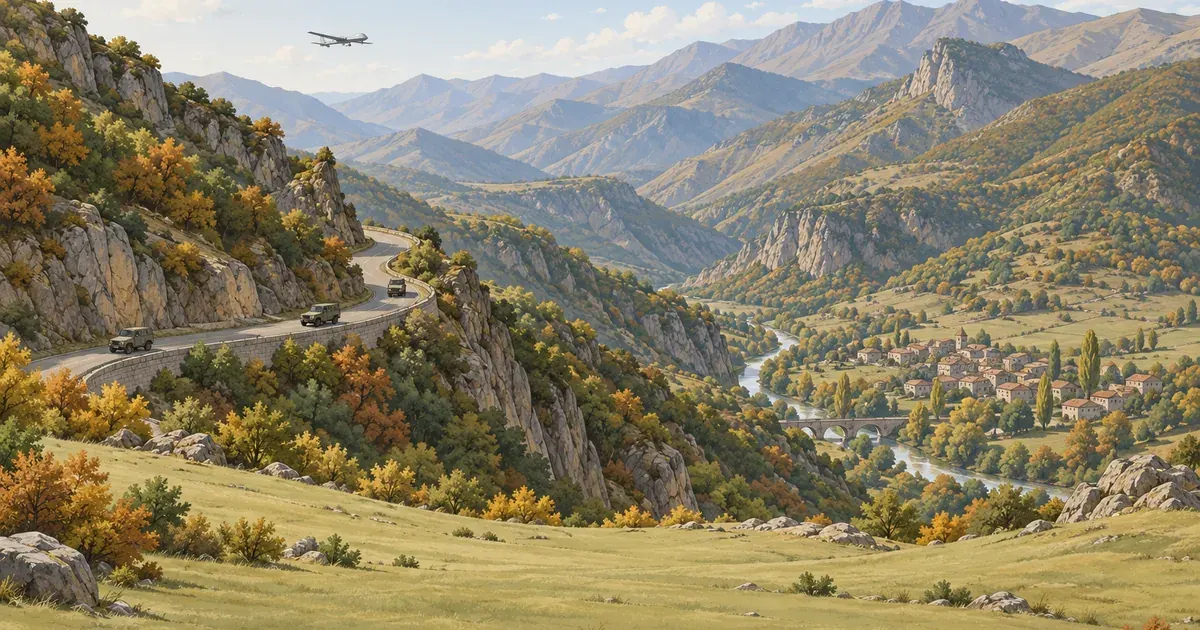 Painted view down a mountain road in autumn: military vehicles on a winding cliff road, a river valley with a village, and a drone overhead.