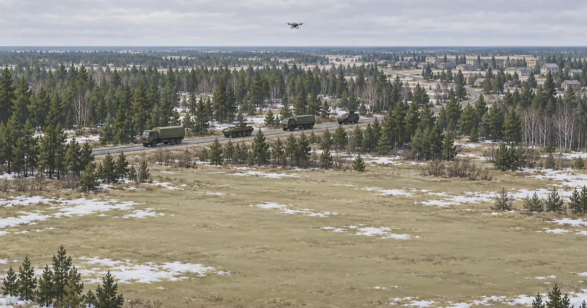 Painted view of a military column on a road through pine forest in late winter, with patches of snow and a small drone overhead.