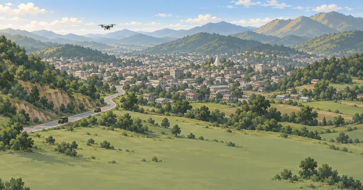Painted view of a hill town among green hills, with a winding approach road, a military truck and a small drone overhead.