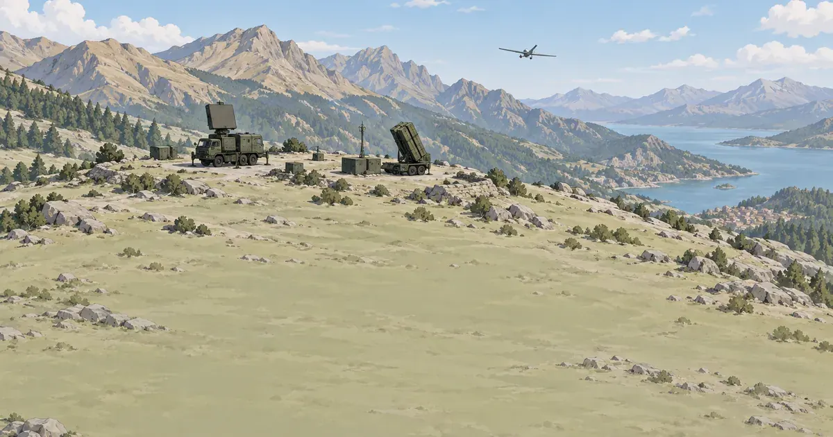Painted mountain view of an air defence radar and launcher on a rocky plateau above a lake, with a drone in the sky.