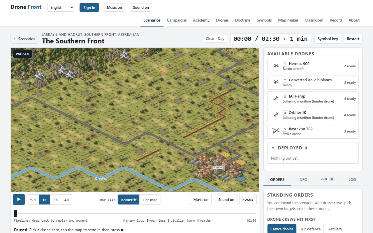Current simulation command map and drone cards
